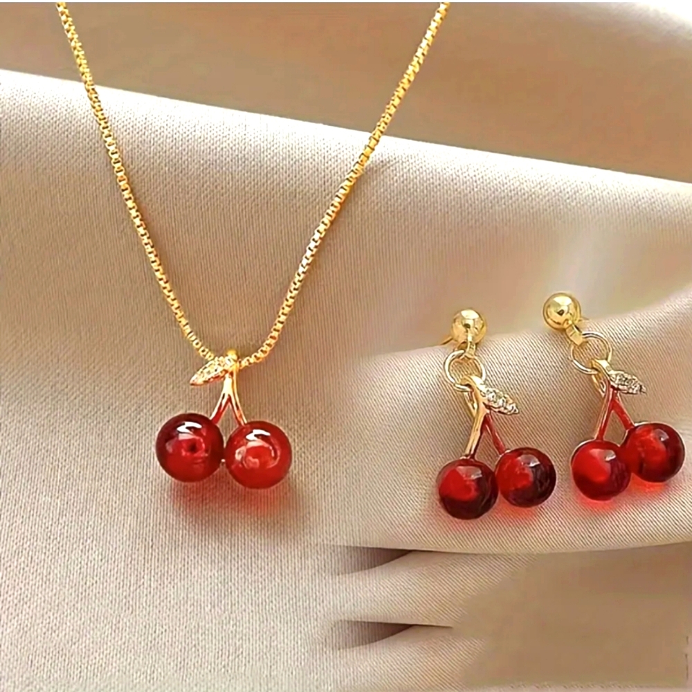 Cherry Necklace and Earrings Set in Gold and Red